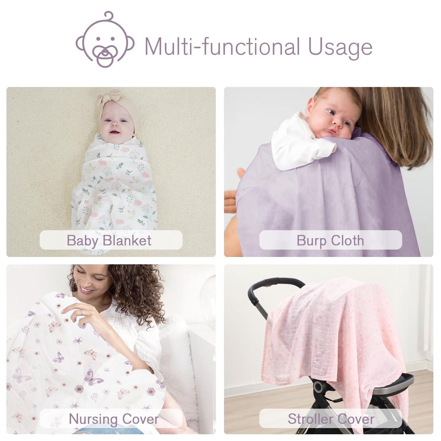 Muslin Swaddle Blankets, 4 Pack Newborn Receiving Blanket Neutral, Soft Breathable 100% Cotton Muslin Baby Blanket for Boys & Girls, Large 47 x 47 inches