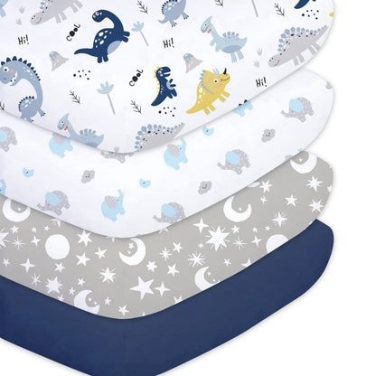 Crib Sheets for Baby Boys 4 Pack, 28"x 52" Extra Soft Microfiber Dinosaur & Elephant & Stars & Navy Blue