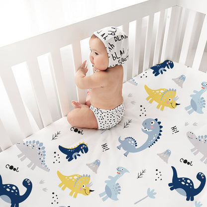 Crib Sheets for Baby Boys 4 Pack, 28"x 52" Extra Soft Microfiber Dinosaur & Elephant & Stars & Navy Blue