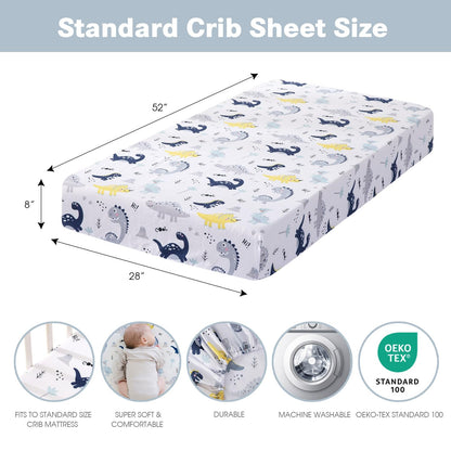 Crib Sheets for Baby Boys 4 Pack, 28"x 52" Extra Soft Microfiber Dinosaur & Elephant & Stars & Navy Blue